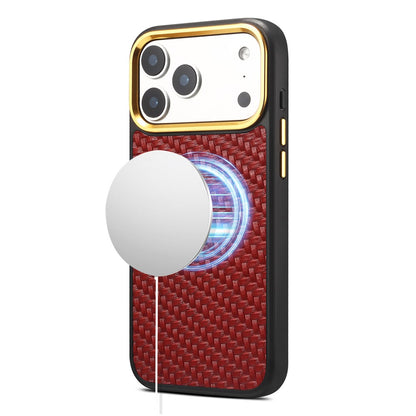 DENIOR A26+1 For iPhone 17 Pro Max Magnetic Case Woven Texture Genuine Cow Leather Coated PC TPU Phone Cover with Metal Lens Frame