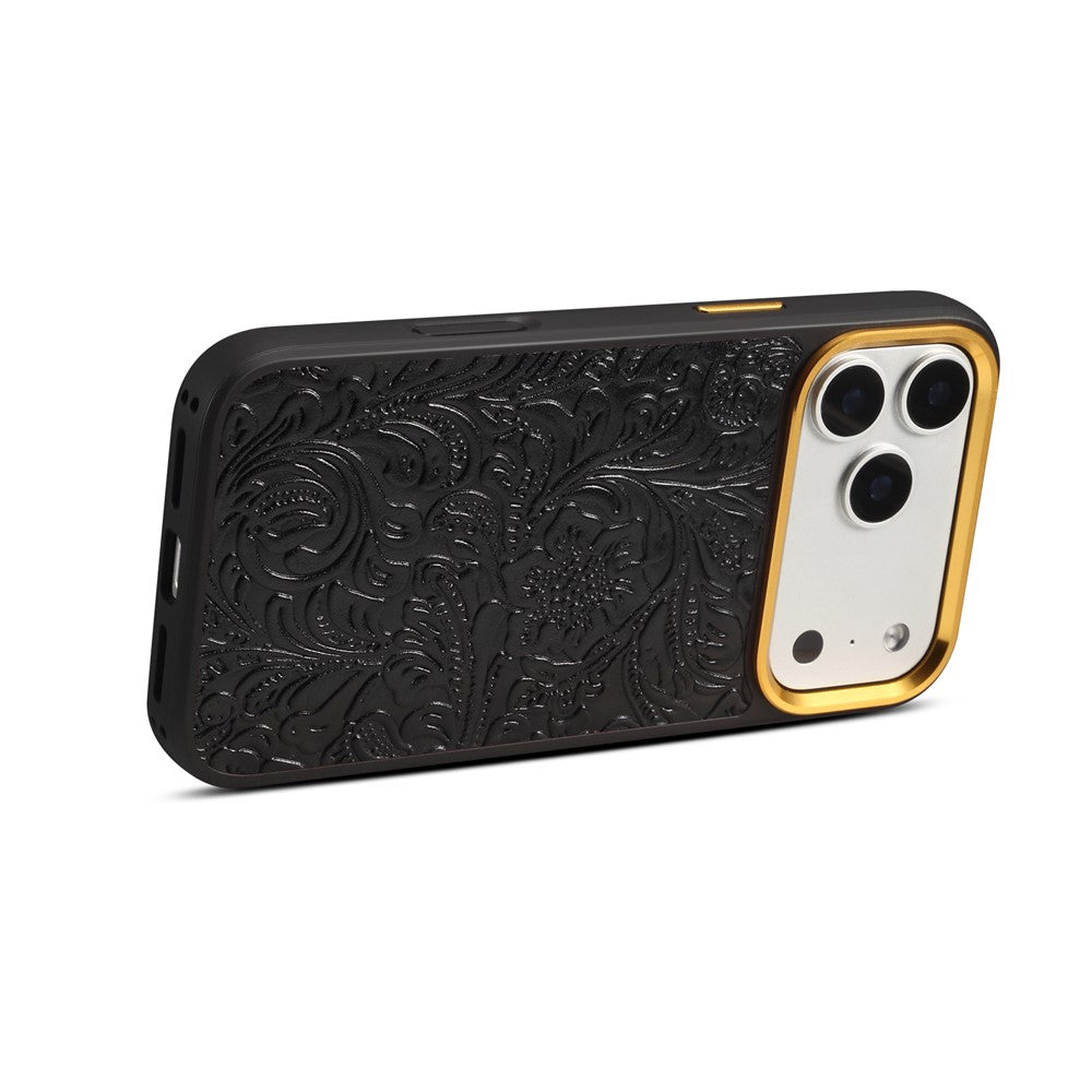 DENIOR A26+2 For iPhone 17 Pro Magnetic Case Retro Embossed Flower Genuine Cow Leather Coated PC + TPU Phone Cover with Metal Lens Frame