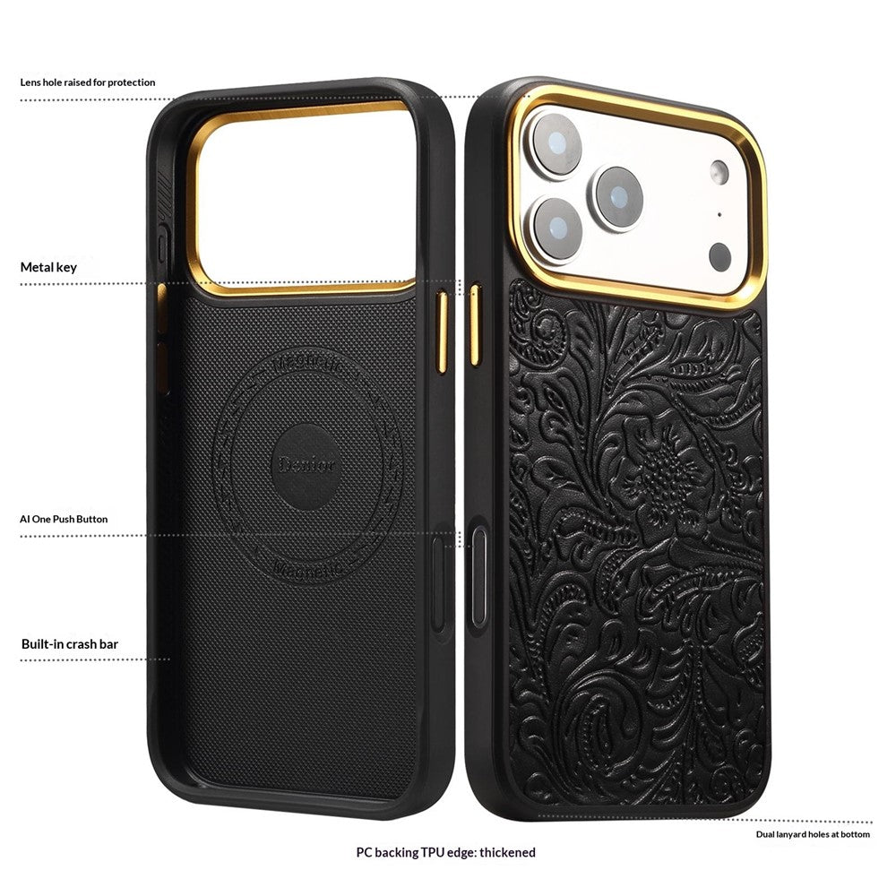 DENIOR A26+2 For iPhone 17 Pro Magnetic Case Retro Embossed Flower Genuine Cow Leather Coated PC + TPU Phone Cover with Metal Lens Frame