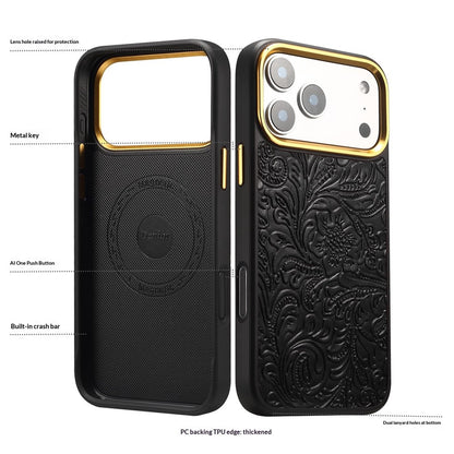 DENIOR A26+2 For iPhone 17 Pro Magnetic Case Retro Embossed Flower Genuine Cow Leather Coated PC + TPU Phone Cover with Metal Lens Frame