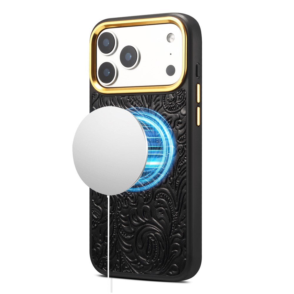 DENIOR A26+2 For iPhone 17 Pro Max Magnetic Case Retro Embossed Flower Genuine Cow Leather Coated PC + TPU Phone Cover with Metal Lens Frame