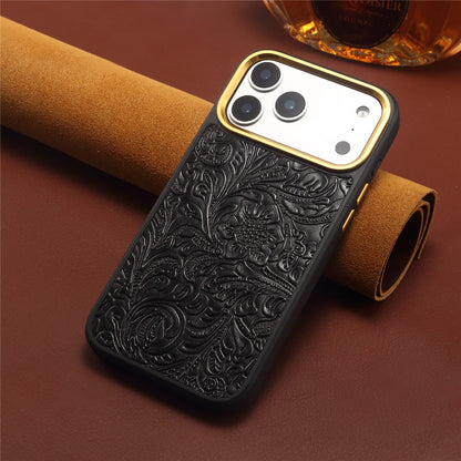 DENIOR A26+2 For iPhone 17 Pro Max Magnetic Case Retro Embossed Flower Genuine Cow Leather Coated PC + TPU Phone Cover with Metal Lens Frame