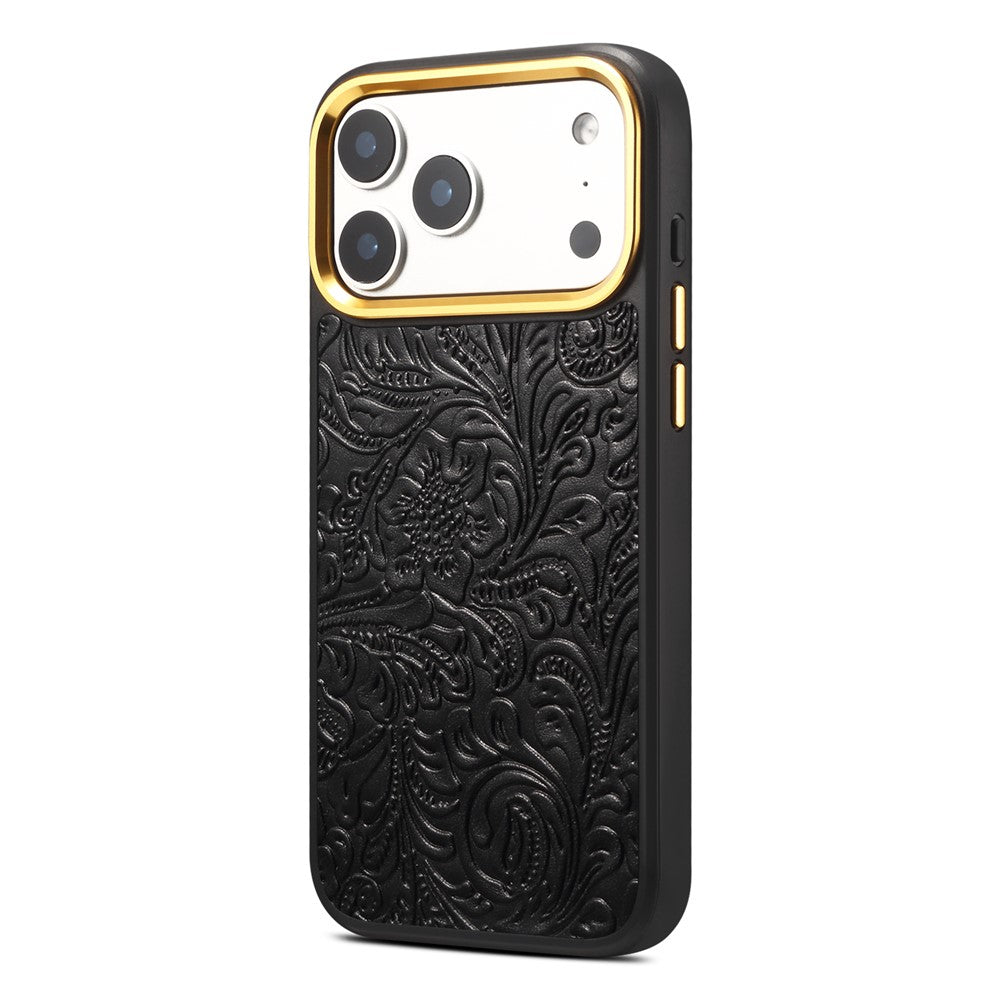 DENIOR A26+2 For iPhone 17 Pro Max Magnetic Case Retro Embossed Flower Genuine Cow Leather Coated PC + TPU Phone Cover with Metal Lens Frame
