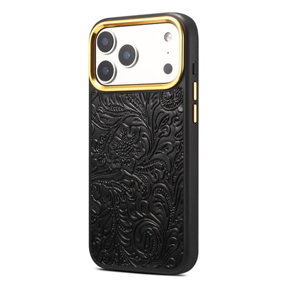 DENIOR A26+2 For iPhone 17 Pro Max Magnetic Case Retro Embossed Flower Genuine Cow Leather Coated PC + TPU Phone Cover with Metal Lens Frame