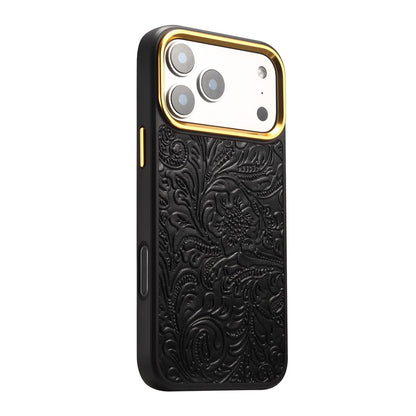 DENIOR A26+2 For iPhone 17 Pro Max Magnetic Case Retro Embossed Flower Genuine Cow Leather Coated PC + TPU Phone Cover with Metal Lens Frame