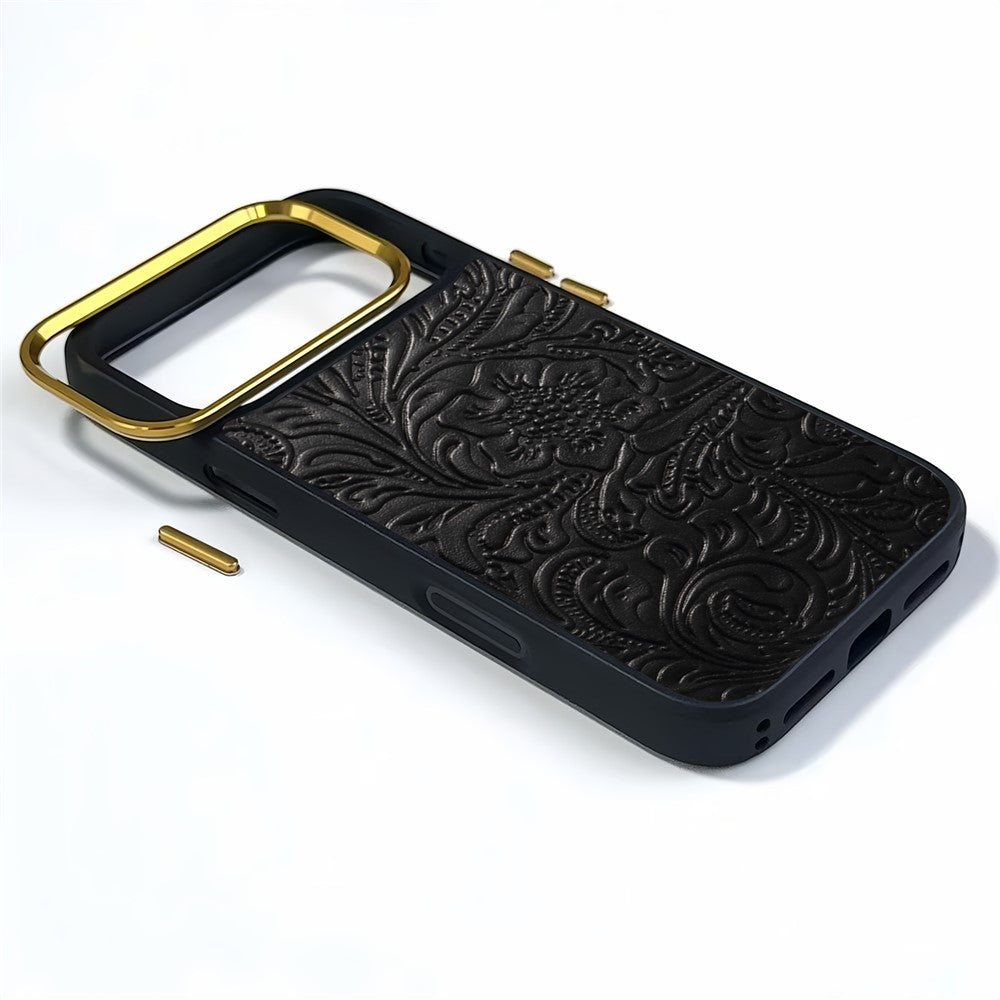 DENIOR A26+2 For iPhone 17 Pro Max Magnetic Case Retro Embossed Flower Genuine Cow Leather Coated PC + TPU Phone Cover with Metal Lens Frame