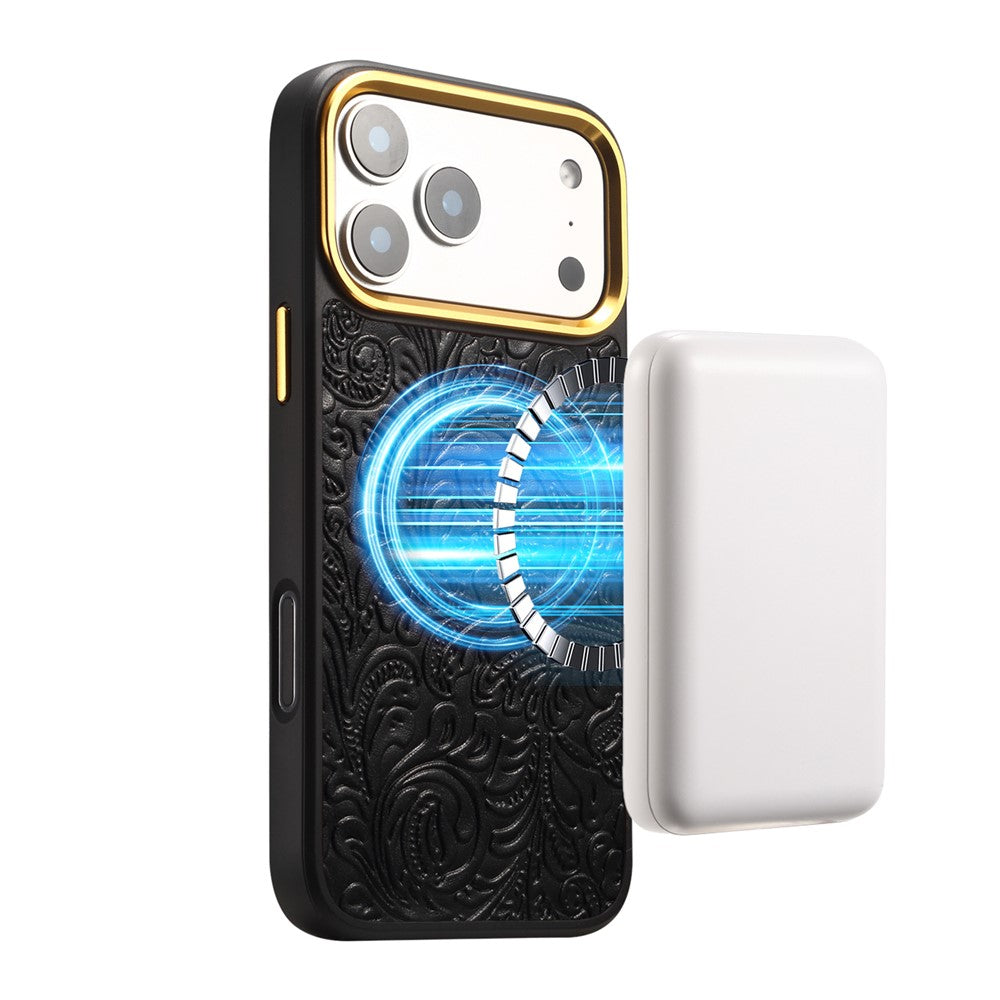 DENIOR A26+2 For iPhone 17 Pro Max Magnetic Case Retro Embossed Flower Genuine Cow Leather Coated PC + TPU Phone Cover with Metal Lens Frame