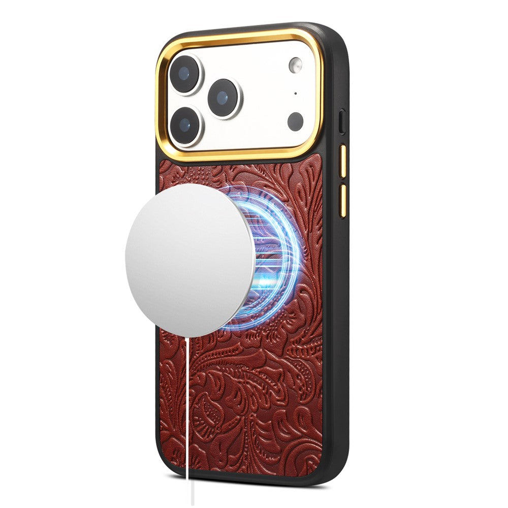 DENIOR A26+2 For iPhone 17 Pro Max Magnetic Case Retro Embossed Flower Genuine Cow Leather Coated PC + TPU Phone Cover with Metal Lens Frame