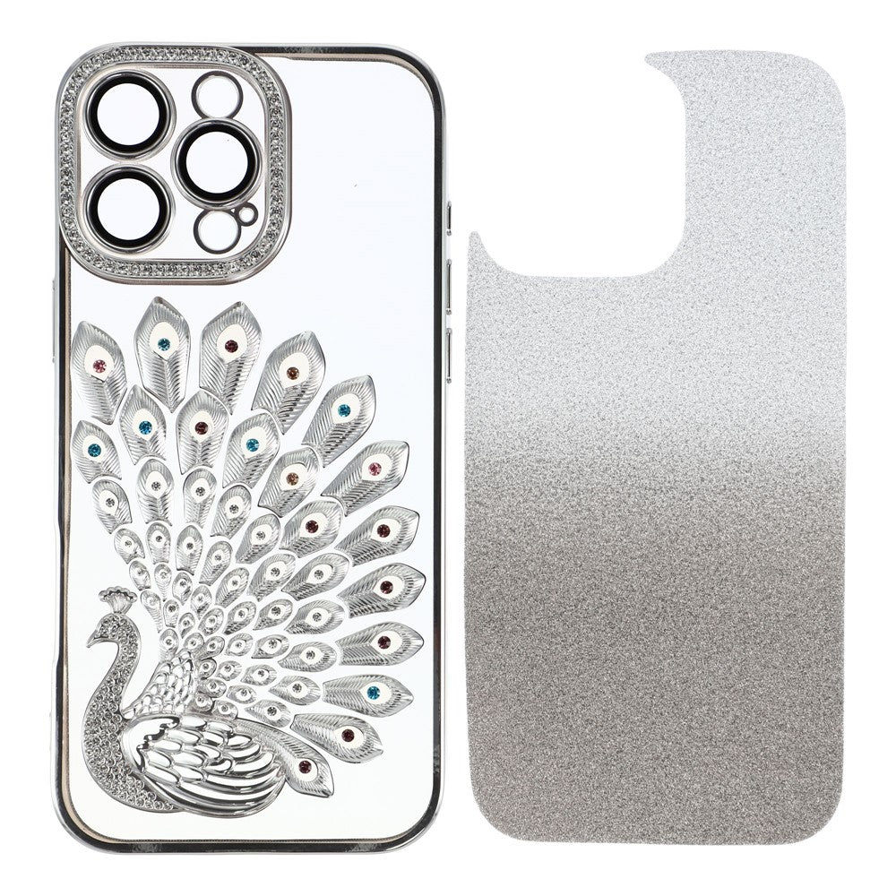 For iPhone 16 Pro Max Case 3D Peacock Electroplating Rhinestone TPU Phone Cover with Glitter Card