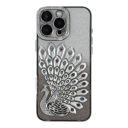 For iPhone 16 Pro Max Case 3D Peacock Electroplating Rhinestone TPU Phone Cover with Glitter Card