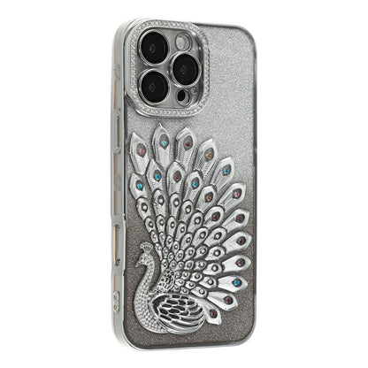 For iPhone 16 Pro Max Case 3D Peacock Electroplating Rhinestone TPU Phone Cover with Glitter Card