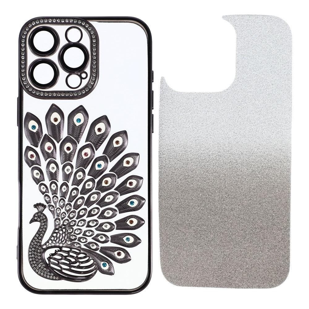 For iPhone 16 Pro Max Case 3D Peacock Electroplating Rhinestone TPU Phone Cover with Glitter Card