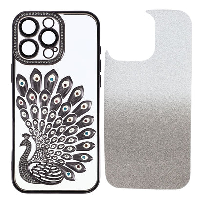 For iPhone 16 Pro Max Case 3D Peacock Electroplating Rhinestone TPU Phone Cover with Glitter Card