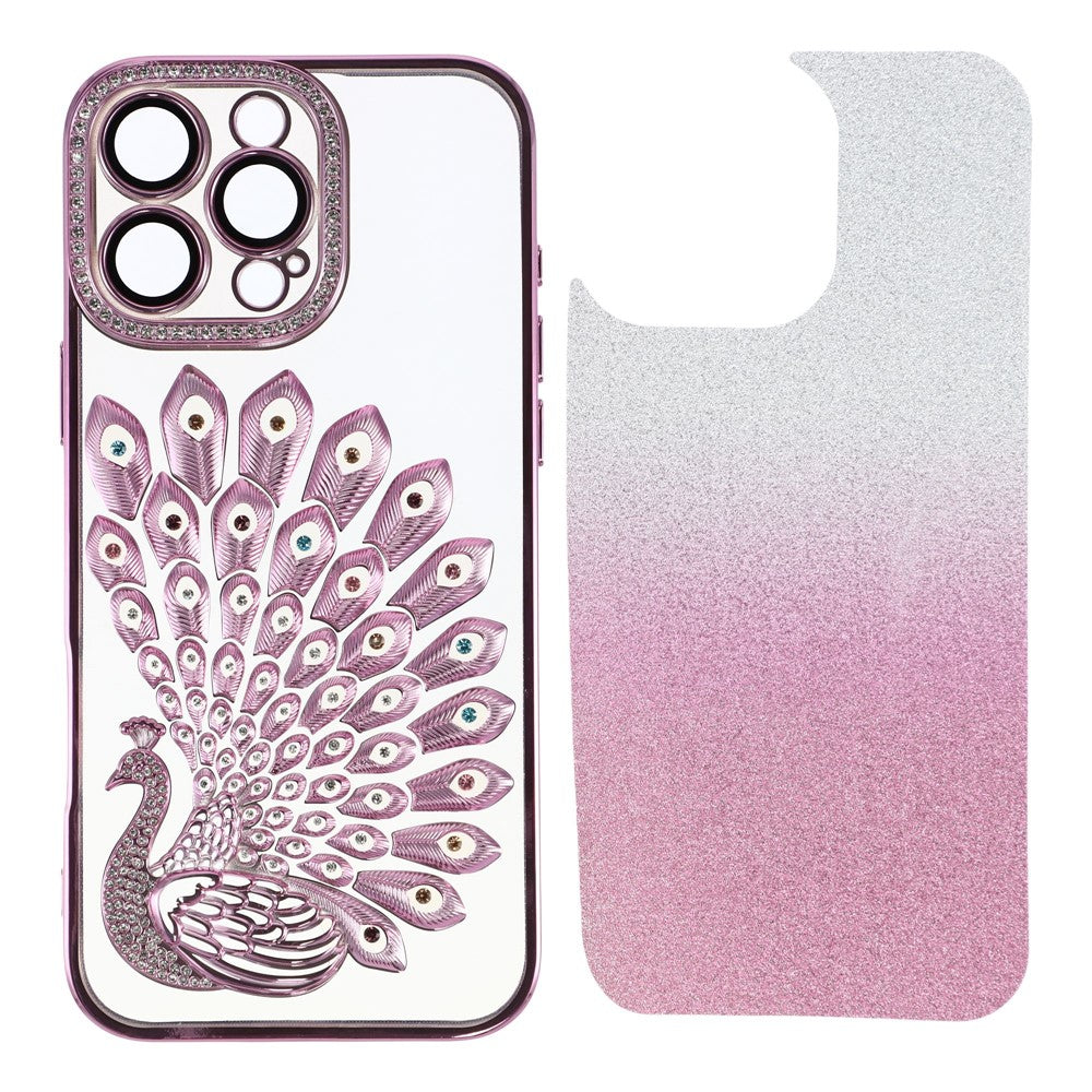 For iPhone 16 Pro Max Case 3D Peacock Electroplating Rhinestone TPU Phone Cover with Glitter Card
