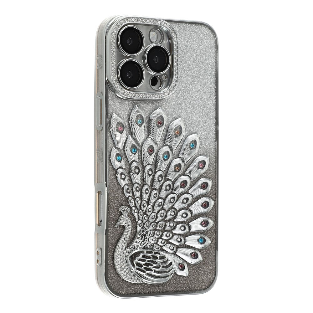 For iPhone 16 Pro Case 3D Peacock Electroplating Rhinestone TPU Phone Cover with Glitter Card