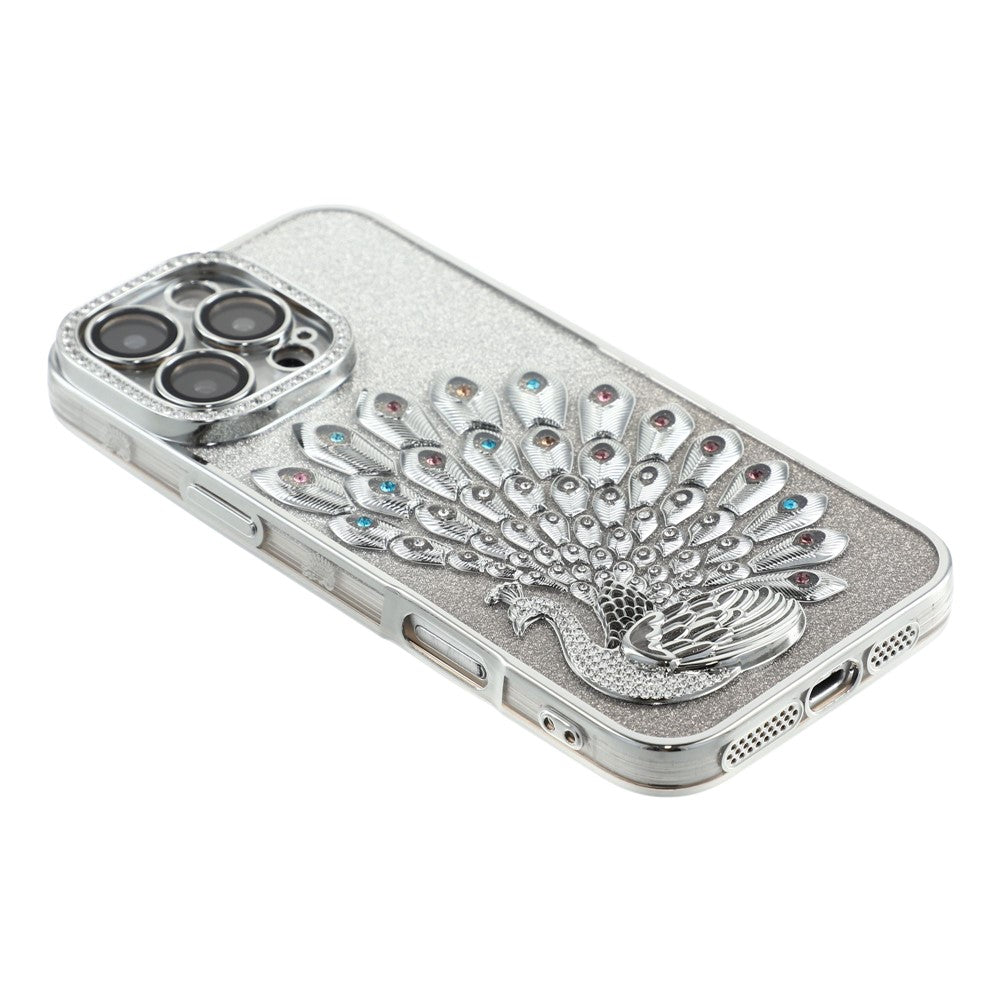 For iPhone 16 Pro Case 3D Peacock Electroplating Rhinestone TPU Phone Cover with Glitter Card