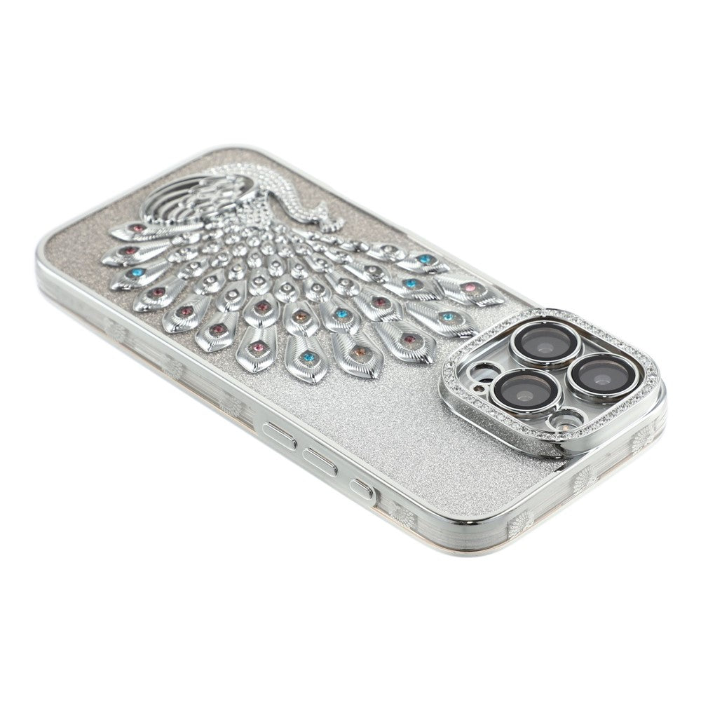 For iPhone 16 Pro Case 3D Peacock Electroplating Rhinestone TPU Phone Cover with Glitter Card