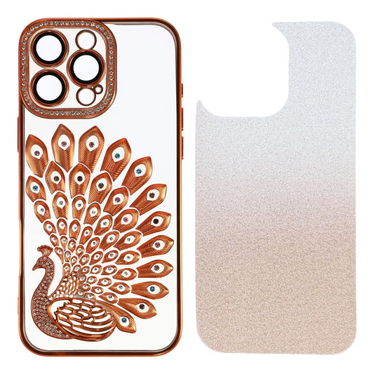 For iPhone 16 Pro Case 3D Peacock Electroplating Rhinestone TPU Phone Cover with Glitter Card