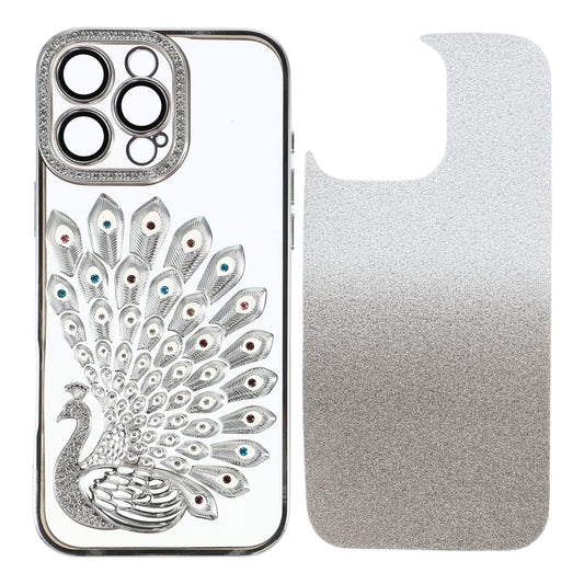 For iPhone 15 Pro Max Case 3D Peacock Electroplating Rhinestone TPU Phone Cover with Glitter Card