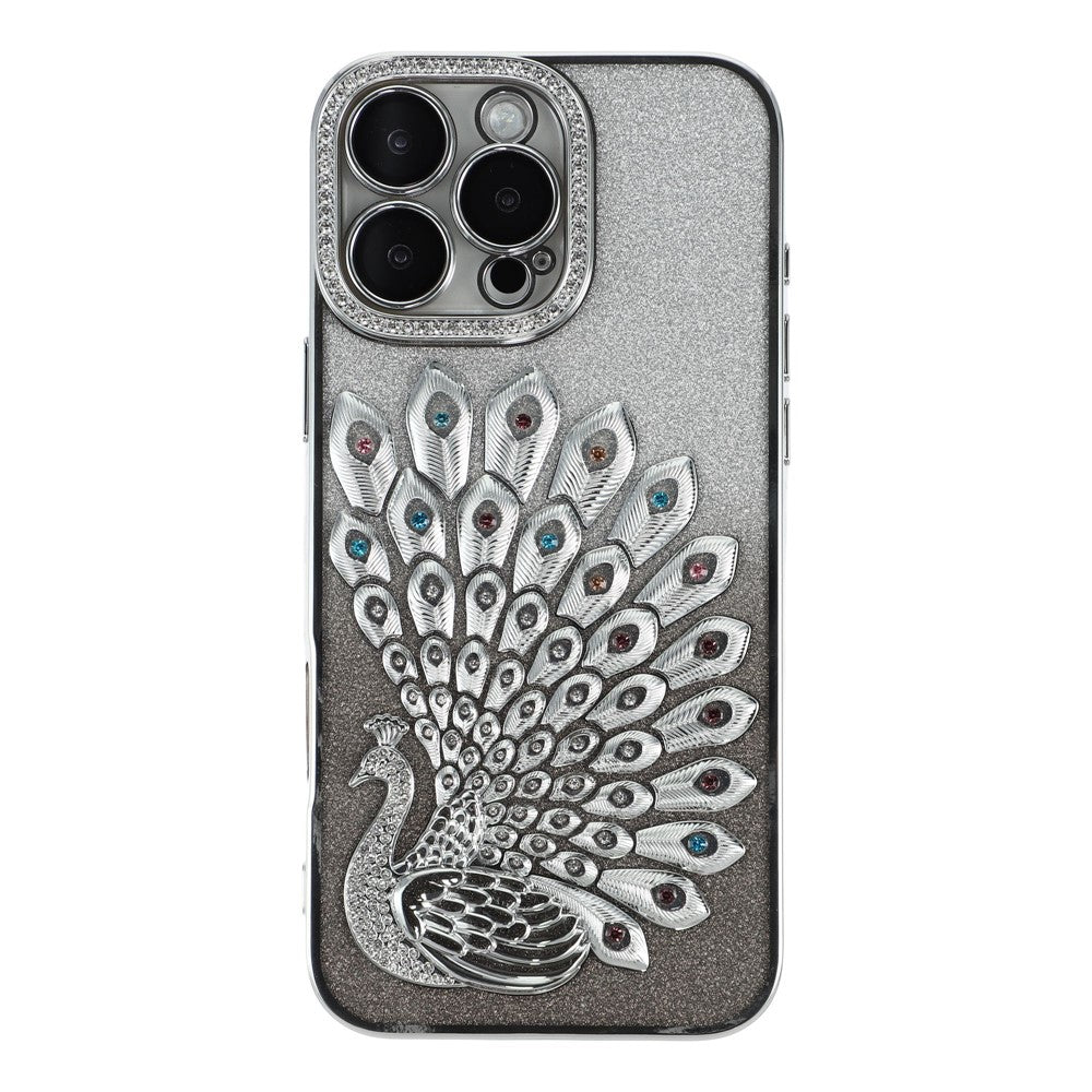 For iPhone 15 Pro Max Case 3D Peacock Electroplating Rhinestone TPU Phone Cover with Glitter Card