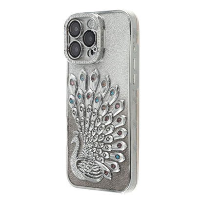 For iPhone 15 Pro Max Case 3D Peacock Electroplating Rhinestone TPU Phone Cover with Glitter Card