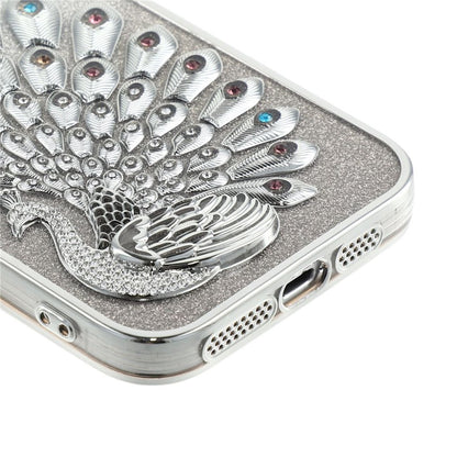 For iPhone 15 Pro Max Case 3D Peacock Electroplating Rhinestone TPU Phone Cover with Glitter Card
