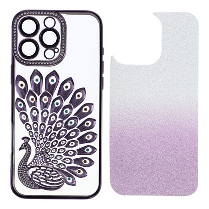 For iPhone 15 Pro Max Case 3D Peacock Electroplating Rhinestone TPU Phone Cover with Glitter Card