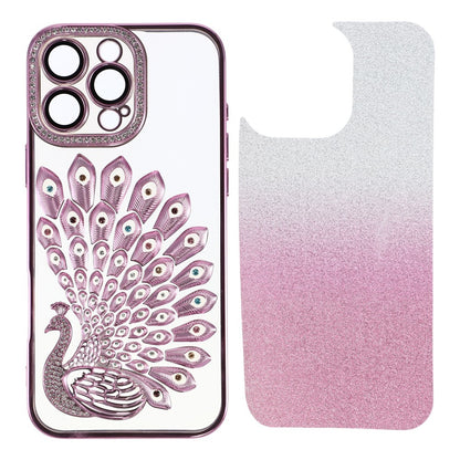 For iPhone 15 Pro Max Case 3D Peacock Electroplating Rhinestone TPU Phone Cover with Glitter Card