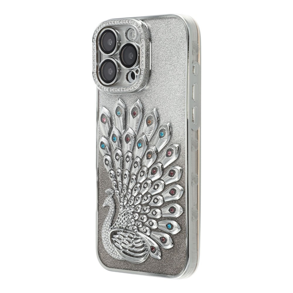 For iPhone 15 Pro Case 3D Peacock Electroplating Rhinestone TPU Phone Cover with Glitter Card