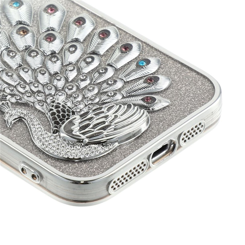 For iPhone 15 Pro Case 3D Peacock Electroplating Rhinestone TPU Phone Cover with Glitter Card