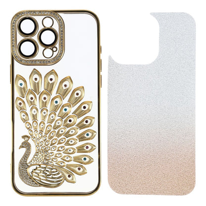 For iPhone 15 Pro Case 3D Peacock Electroplating Rhinestone TPU Phone Cover with Glitter Card