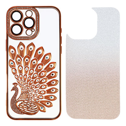 For iPhone 15 Pro Case 3D Peacock Electroplating Rhinestone TPU Phone Cover with Glitter Card