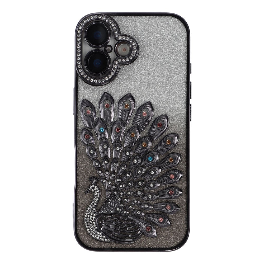 For iPhone 16 Case 3D Peacock Electroplating Rhinestone TPU Phone Cover with Glitter Card