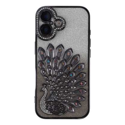 For iPhone 16 Case 3D Peacock Electroplating Rhinestone TPU Phone Cover with Glitter Card