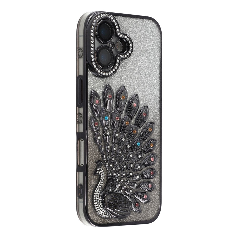 For iPhone 16 Case 3D Peacock Electroplating Rhinestone TPU Phone Cover with Glitter Card