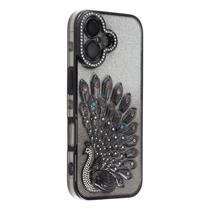 For iPhone 16 Case 3D Peacock Electroplating Rhinestone TPU Phone Cover with Glitter Card