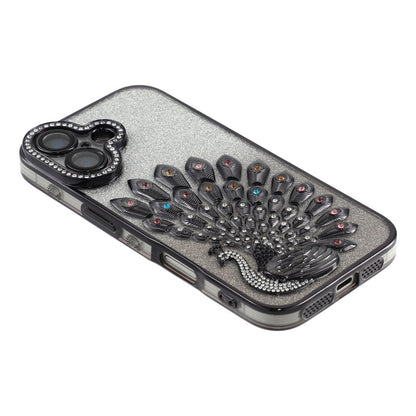 For iPhone 16 Case 3D Peacock Electroplating Rhinestone TPU Phone Cover with Glitter Card