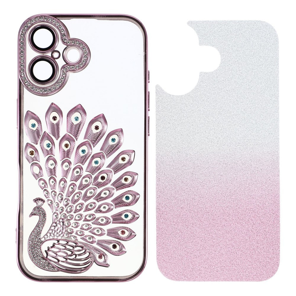 For iPhone 16 Case 3D Peacock Electroplating Rhinestone TPU Phone Cover with Glitter Card