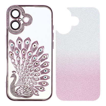 For iPhone 16 Case 3D Peacock Electroplating Rhinestone TPU Phone Cover with Glitter Card