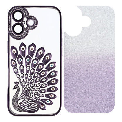 For iPhone 16 Case 3D Peacock Electroplating Rhinestone TPU Phone Cover with Glitter Card