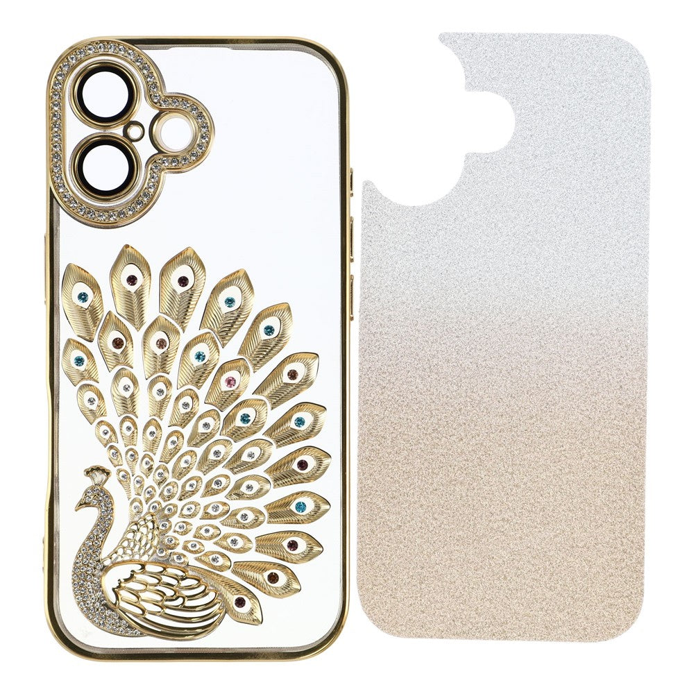 For iPhone 16 Case 3D Peacock Electroplating Rhinestone TPU Phone Cover with Glitter Card