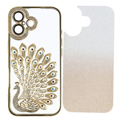For iPhone 16 Case 3D Peacock Electroplating Rhinestone TPU Phone Cover with Glitter Card