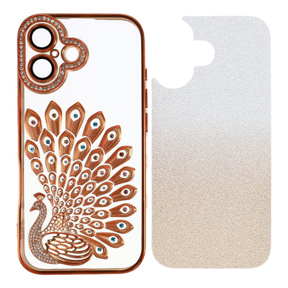 For iPhone 16 Case 3D Peacock Electroplating Rhinestone TPU Phone Cover with Glitter Card