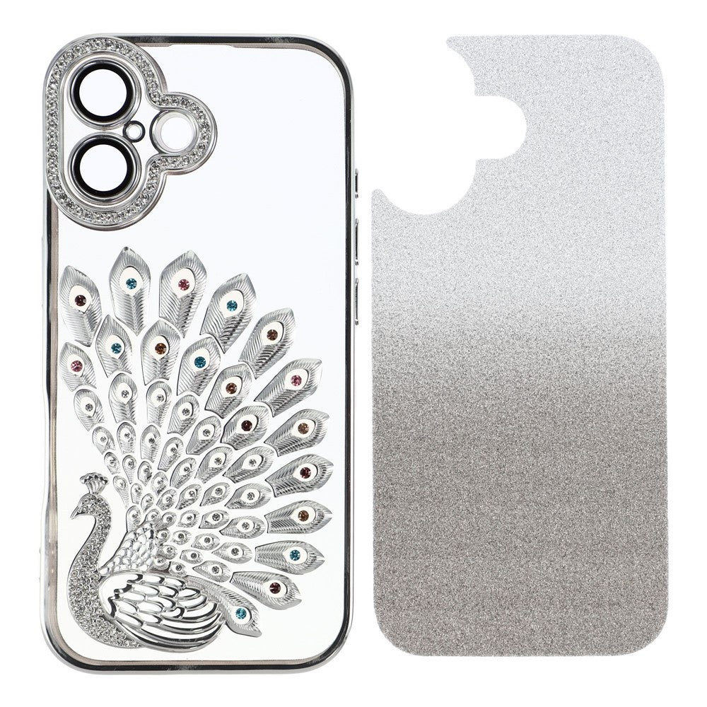 For iPhone 16 Case 3D Peacock Electroplating Rhinestone TPU Phone Cover with Glitter Card