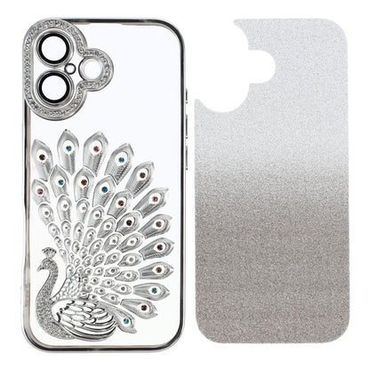 For iPhone 16 Case 3D Peacock Electroplating Rhinestone TPU Phone Cover with Glitter Card