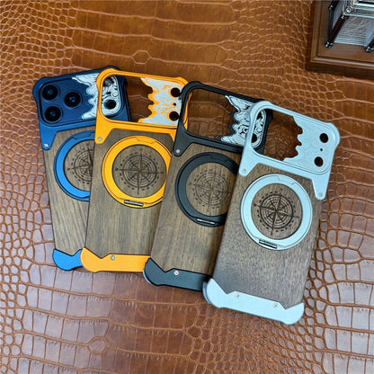 For iPhone 17 Pro Frameless Case Magnetic Kickstand Horse Pattern Walnut Wood Shockproof Phone Cover