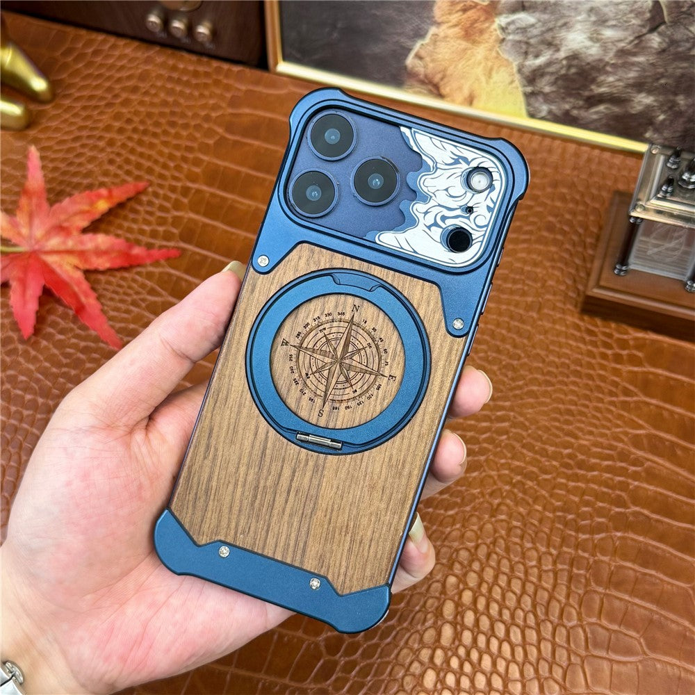 For iPhone 17 Pro Frameless Case Magnetic Kickstand Horse Pattern Walnut Wood Shockproof Phone Cover