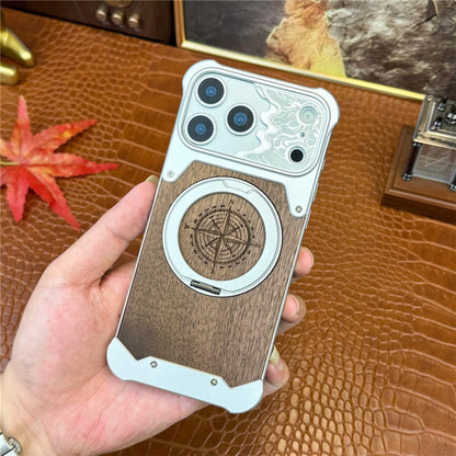 For iPhone 17 Pro Frameless Case Magnetic Kickstand Horse Pattern Walnut Wood Shockproof Phone Cover