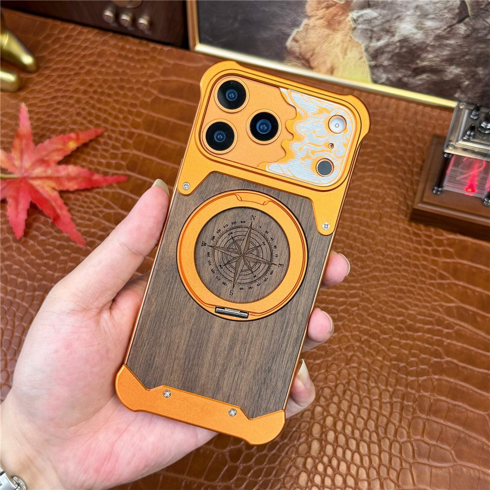 For iPhone 17 Pro Max Frameless Case Magnetic Kickstand Horse Pattern Walnut Wood Shockproof Phone Cover