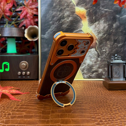 For iPhone 17 Pro Max Frameless Case Magnetic Kickstand Horse Pattern Walnut Wood Shockproof Phone Cover